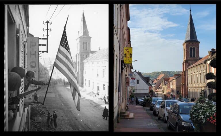 Bitche France at the end of World War 2 and today on the same street