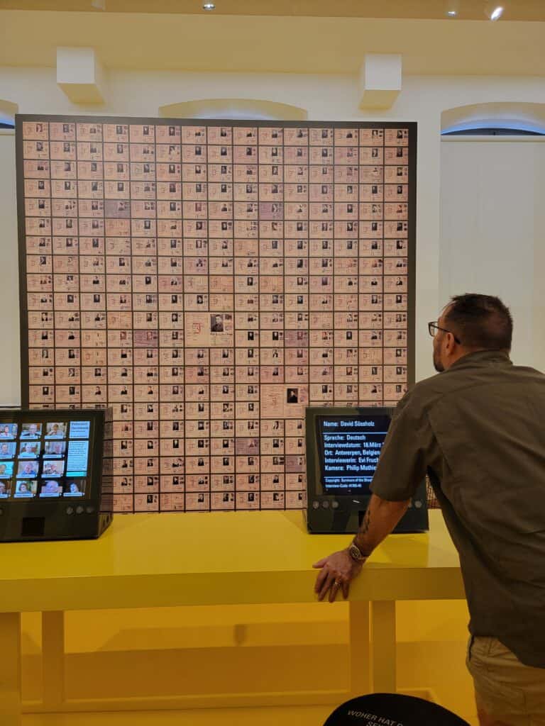 Interactive display with WWII Jewish ID cards and interviews with Holocaust survivors at the Stadtmuseum Simeonstift