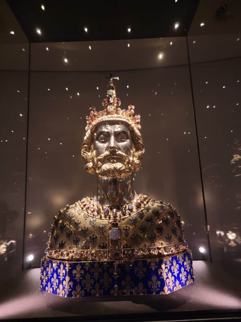 The reliquary golden bust of Charlemagne in Aachen Cathedral Treasury which can easily be visited if you only have one day in Aachen