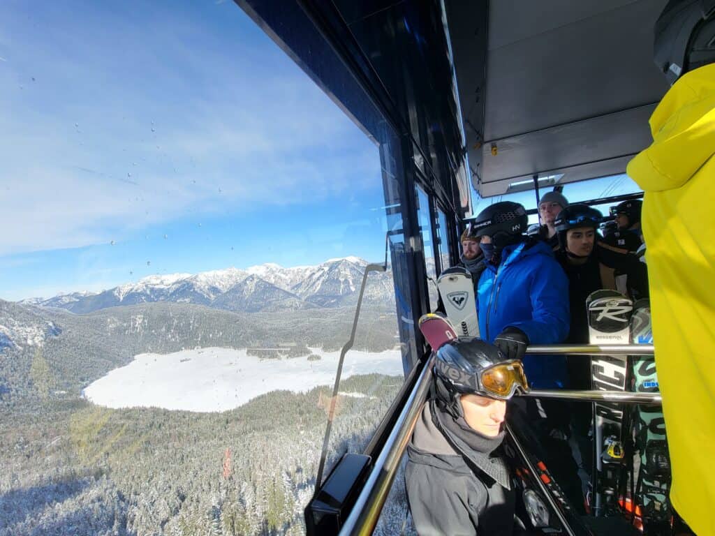 A view of Lake Eibsee from the Zugspitze cable car