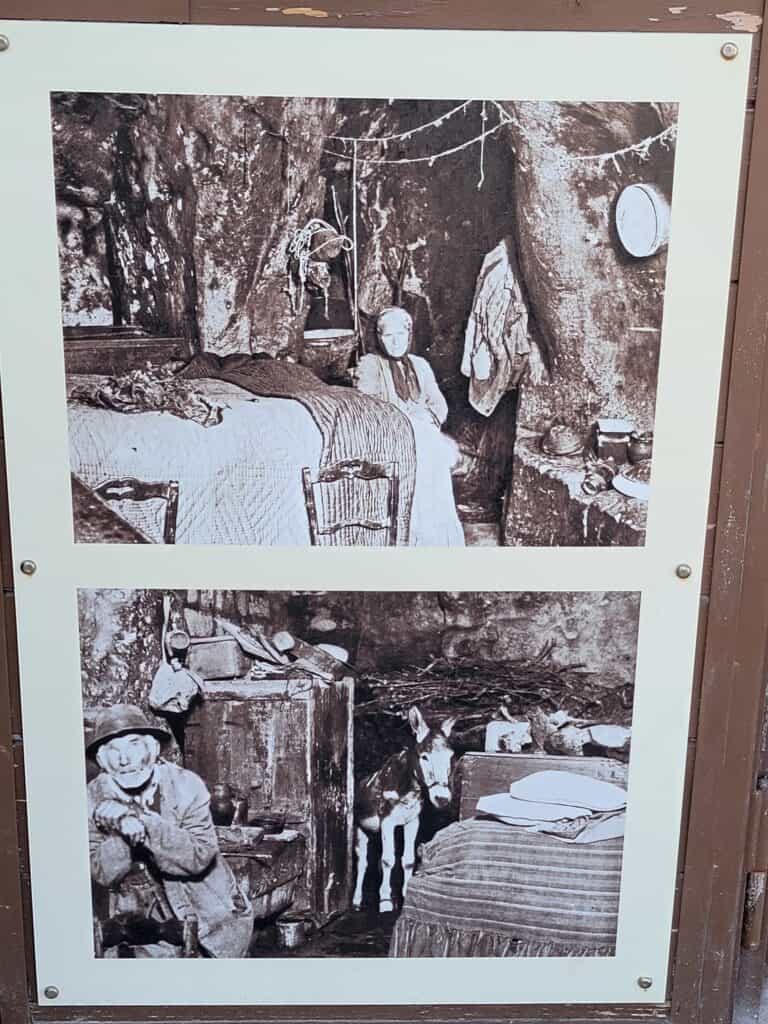 Two photos of a woman, and a man with a donkey living in the cave homes of Matera Italy