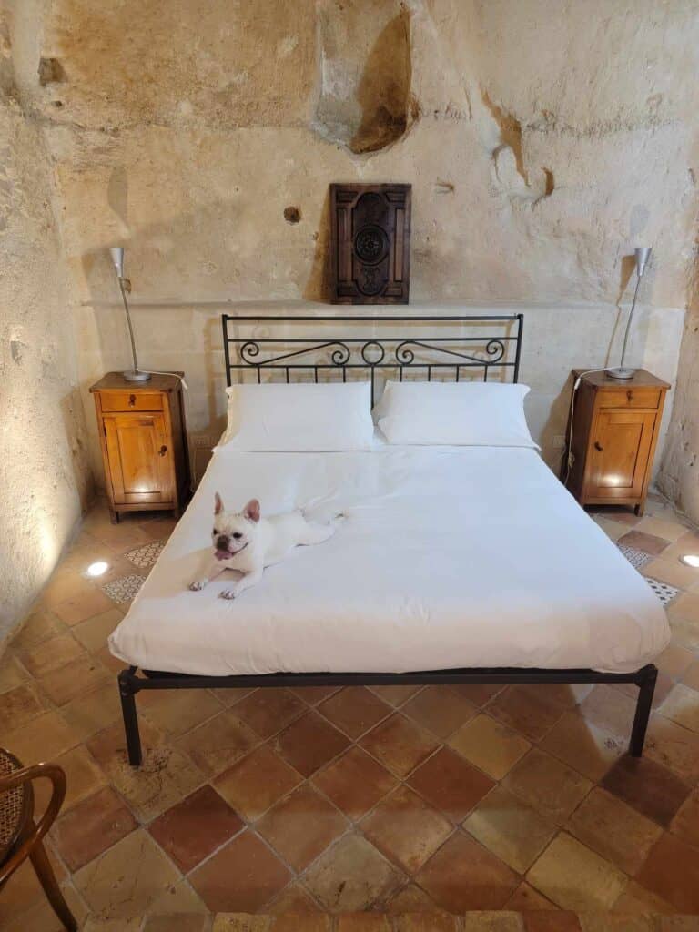 A dog in a pale stone cave room with a large bed, stone tile floor, two nightstands, and a french bulldog sprawled on the bed