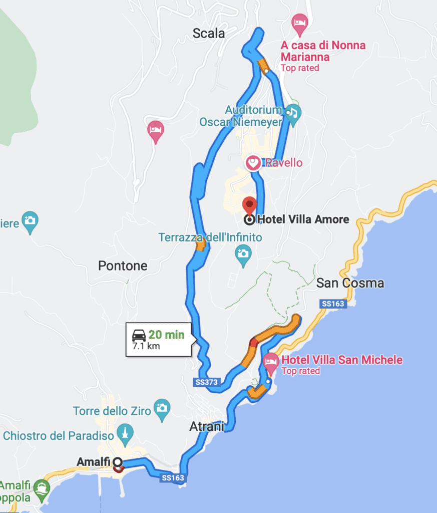 A map showing directions from Amalfi to Hotel Villa Amore in Ravello