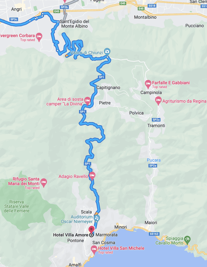 A map showing directions from Naples to Hotel Villa Amore in Ravello
