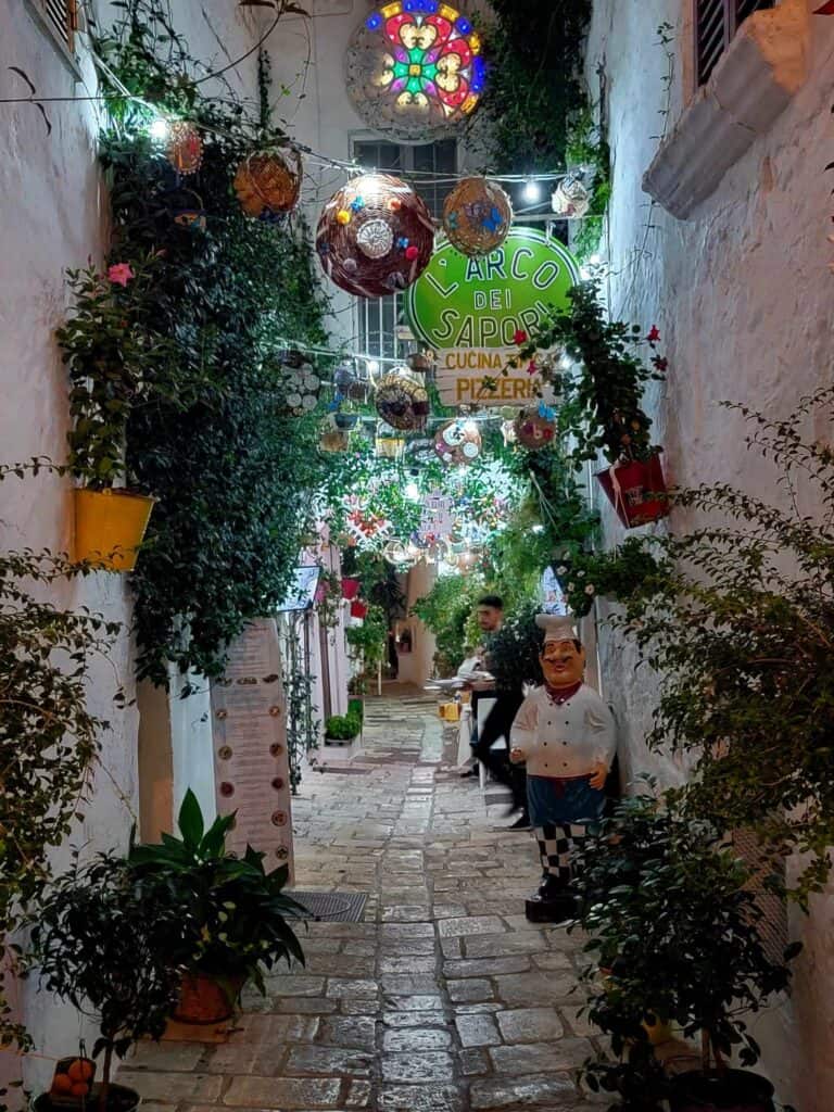 A stone alleyway filled with hanging plants, colored lights and flanked by restaurants and shops