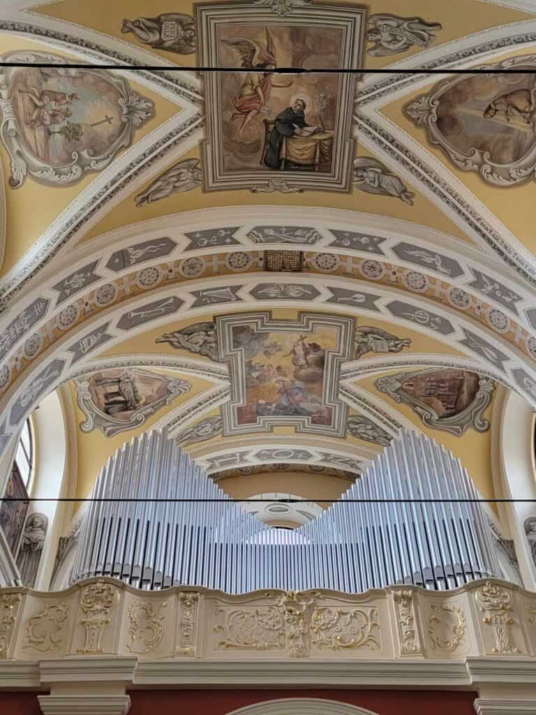 The pipes of an organ behind a white baroque screen and a frescoed vaulted ceiling in yellow and light blue