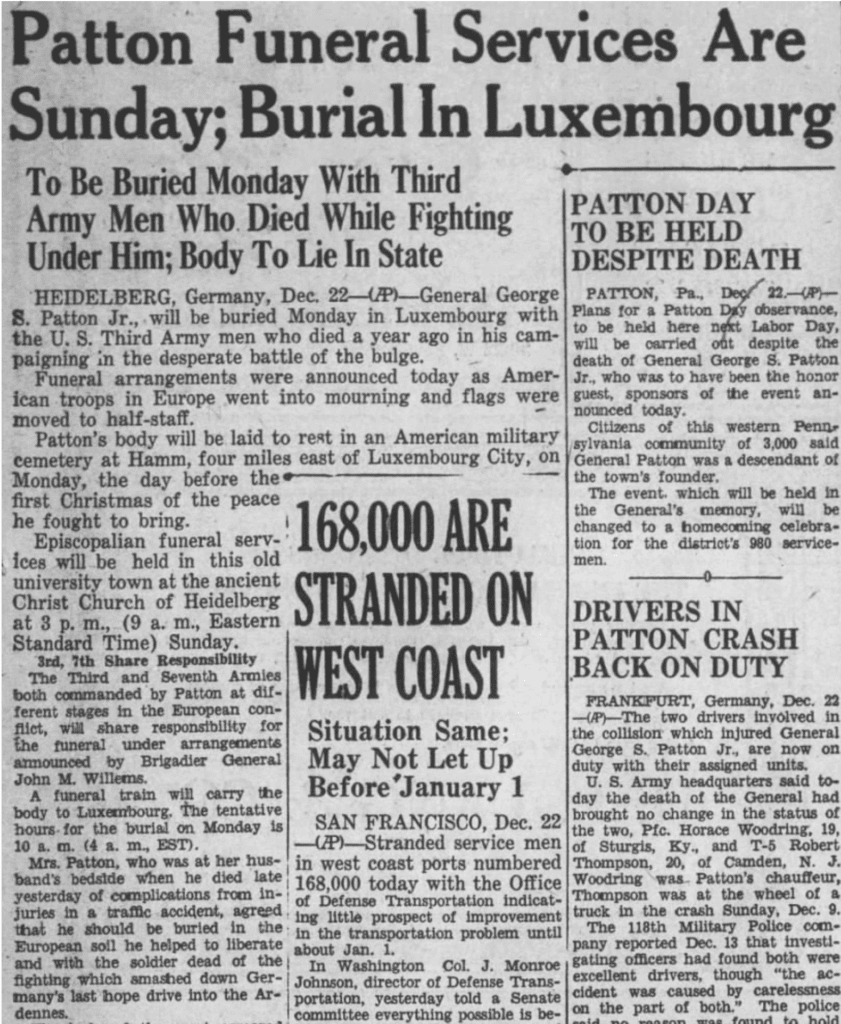 A newspaper clipping titled Patton Funeral Services Are Sunday; Burial in Luxembourg