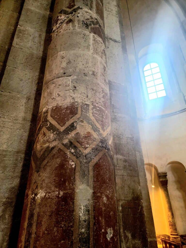 Original polychrome paint on a stone column of Great St. Martin's church in Cologne