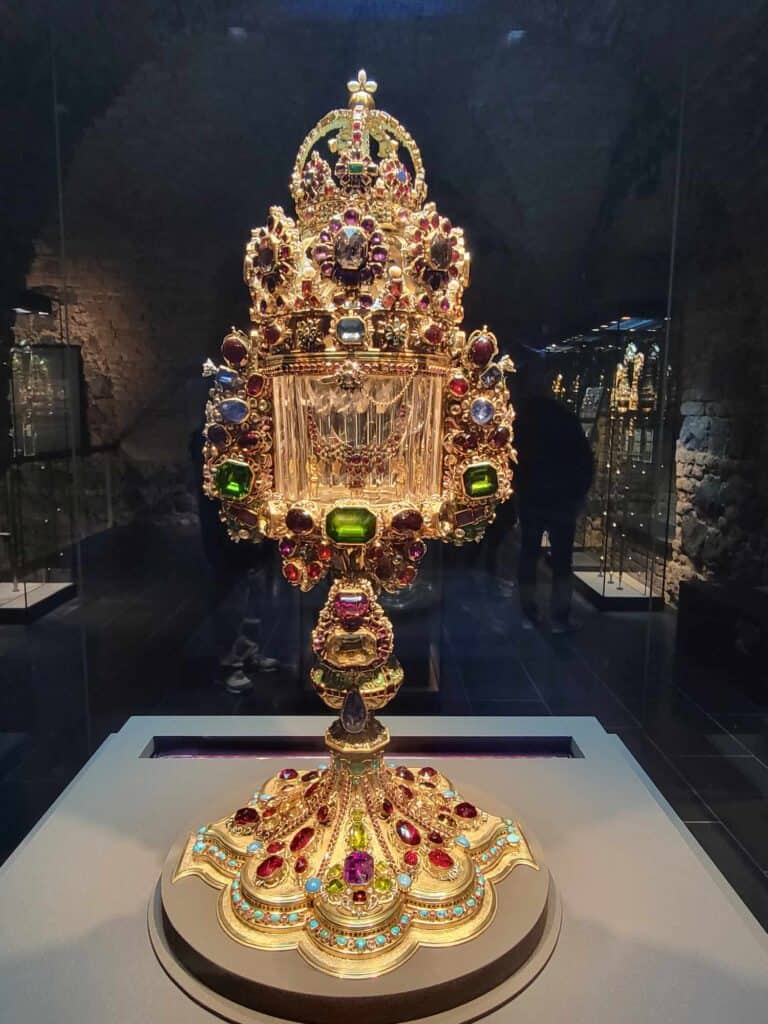 A jewel encrusted monstrance made of gold  in Cologne Cathedral's treasury
