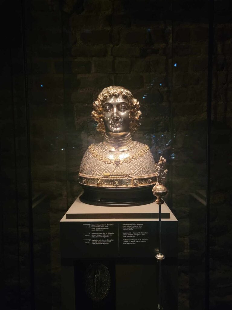 Reliquary of St. Sebastian in Cologne Cathedral's treasury in the shape of his head and shoulders in gold and silver