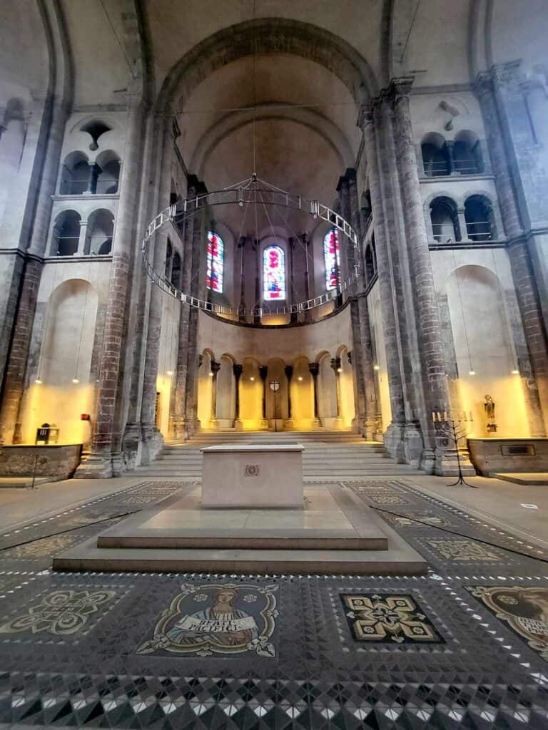 The high Roman vaults of the interior of Great St. Martin's church in Cologne