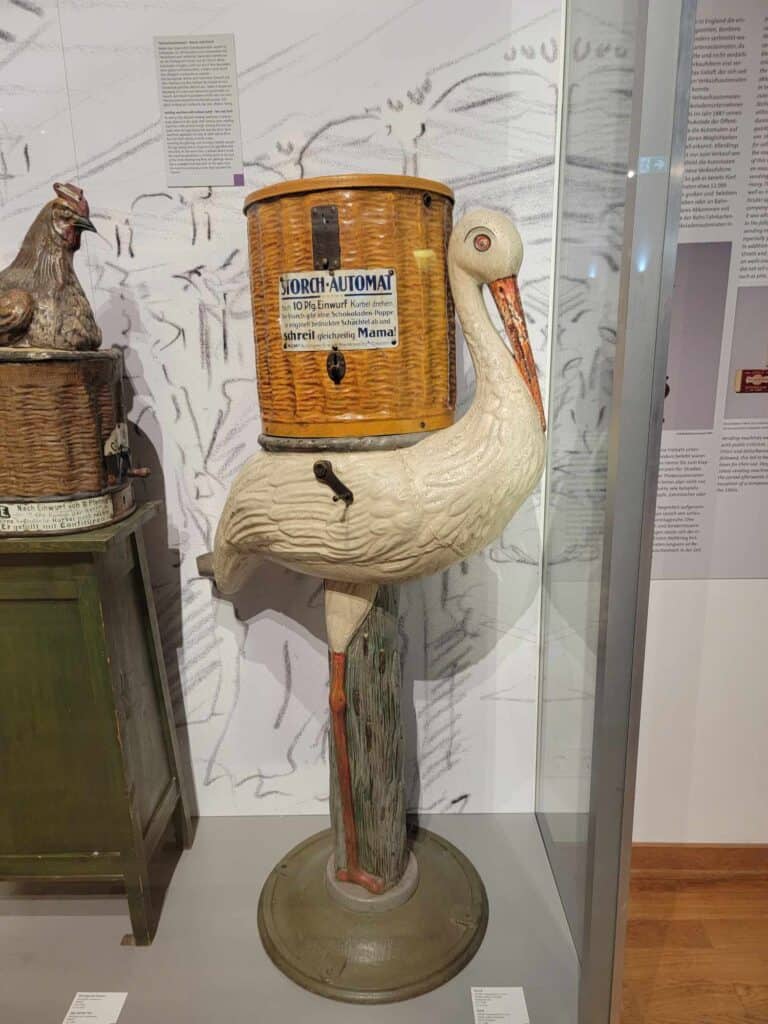 A chocolate vending machine shaped like a stork in the Chocolate Museum in Cologne