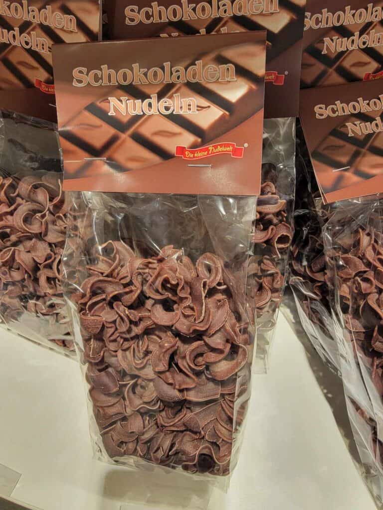 A bag of chocolate noodles in the gift shop of the Chocolate Museum in Cologne