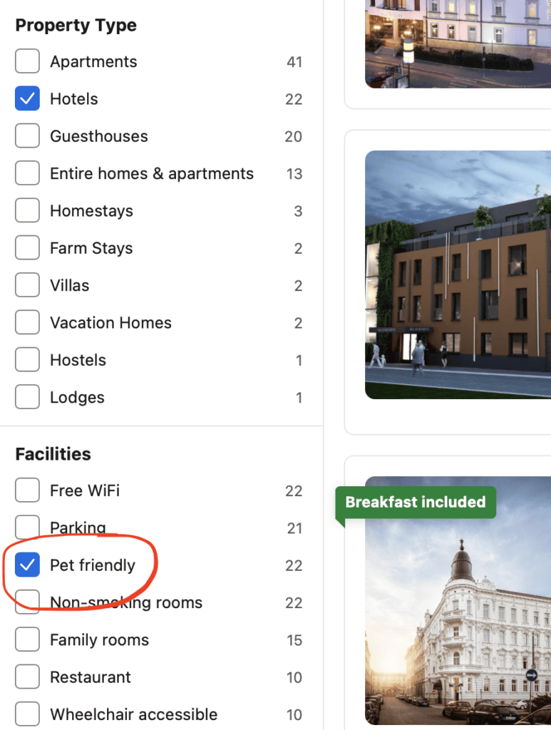 A screenshot of a pet-friendly filter on a hotel website