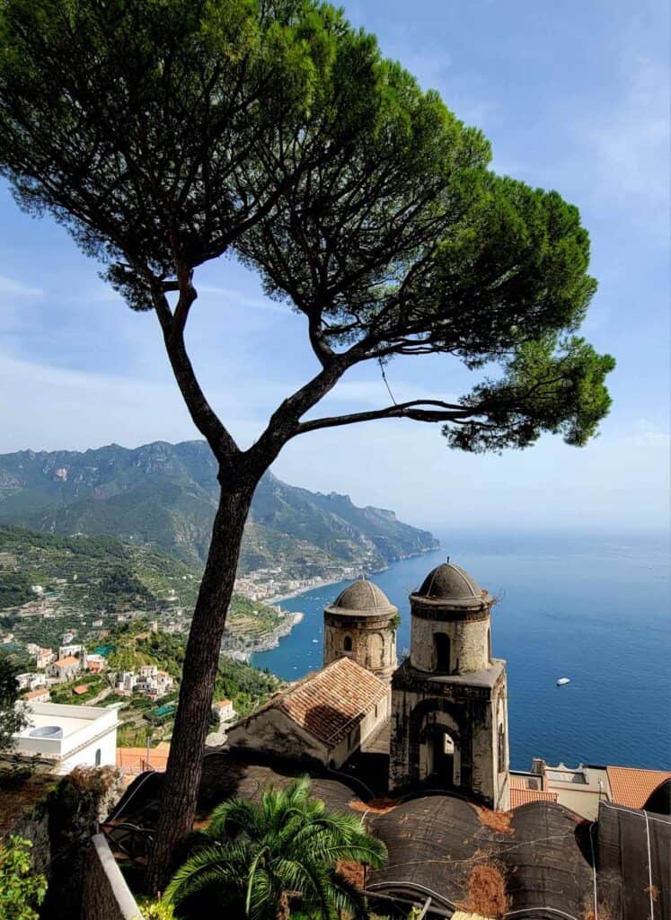 The iconic bell towers of Chiesa Dell'Annunziata in Ravello Italy from the Villa Rufolo