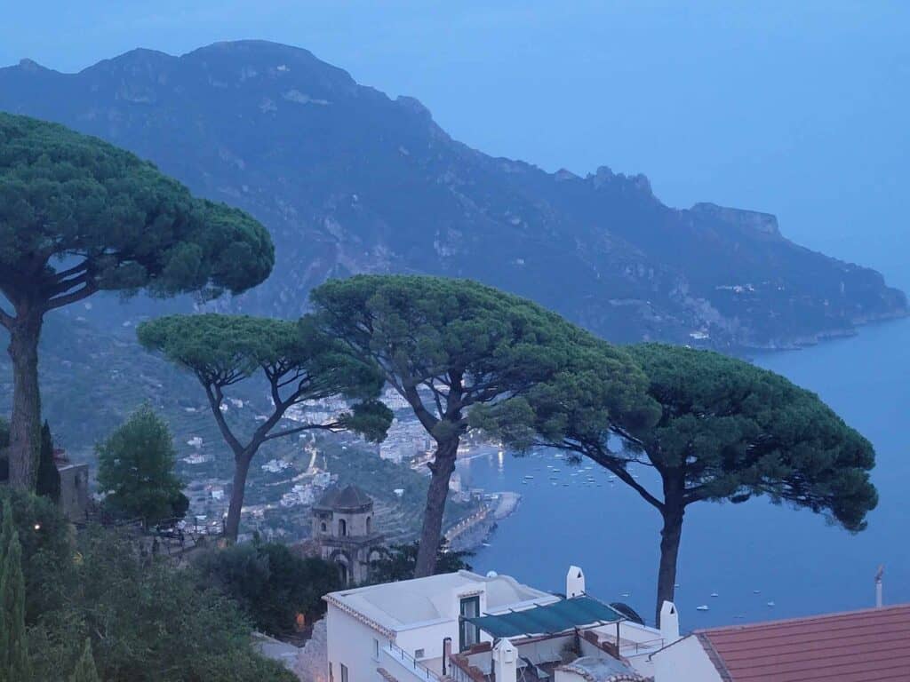 The view from Sigilgaida Restaurant at dusk looking down at the Amalfi Coast