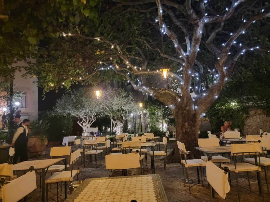 A terrace with outdoor dining and a large tree with little white lights at the Hotel Villa Maria