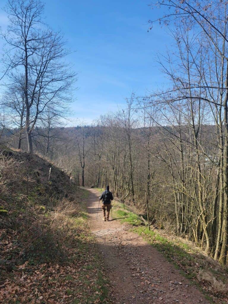 A man hikes the wooded trail to Hohenecker Castle in Kaiserslautern Germany