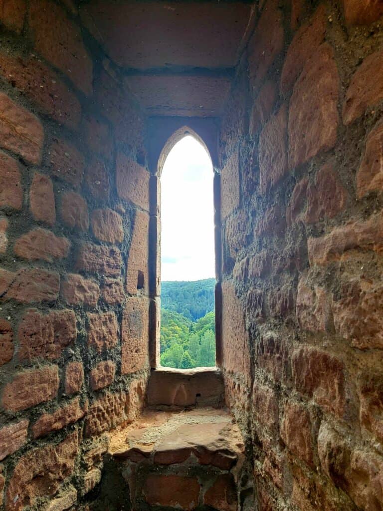 A narrow window with stone walls on either side looking out on a green forest