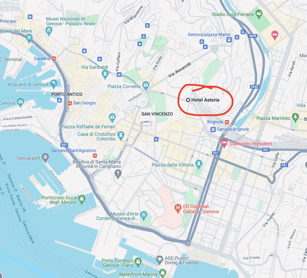 A map showing the location of Hotel Astoria Genoa