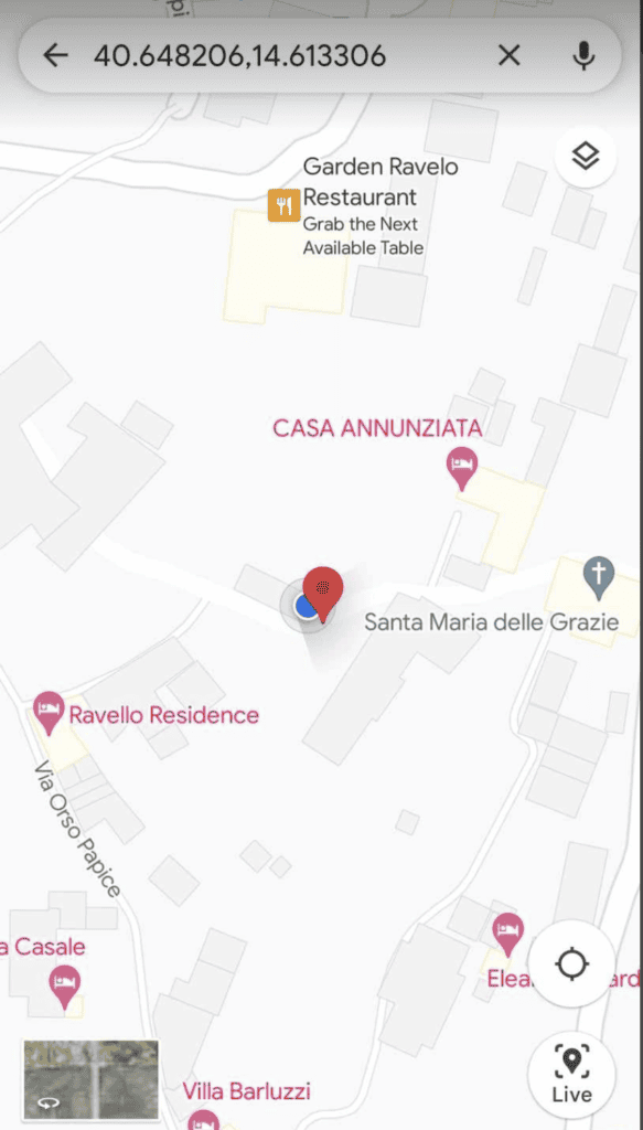 A map showing the location for Ravello's photo op of the Chiesa Dell'Annunziata