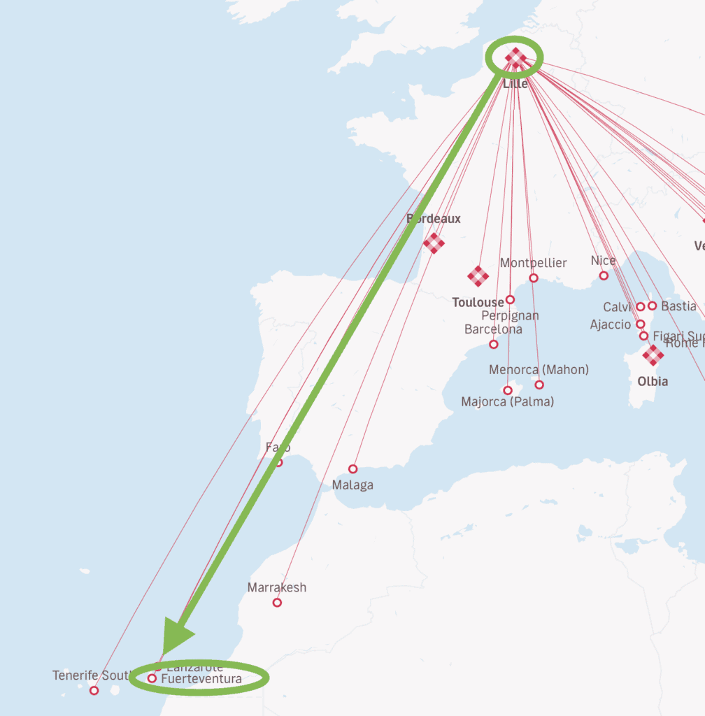 A route map for Volotea Airlines showing the trip from Lille France to Fuerteventura Spain.