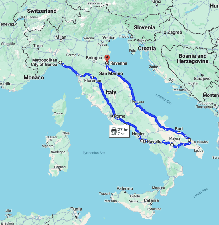 A map of Italy showing the route from Genoa to Castellamare di Stabia, to Ravello, to Matera, to Ostuni, to Ravenna creating a large U shape beginning in the northwest, going down the coast, across Italy to the West, and up the Adriatic coast