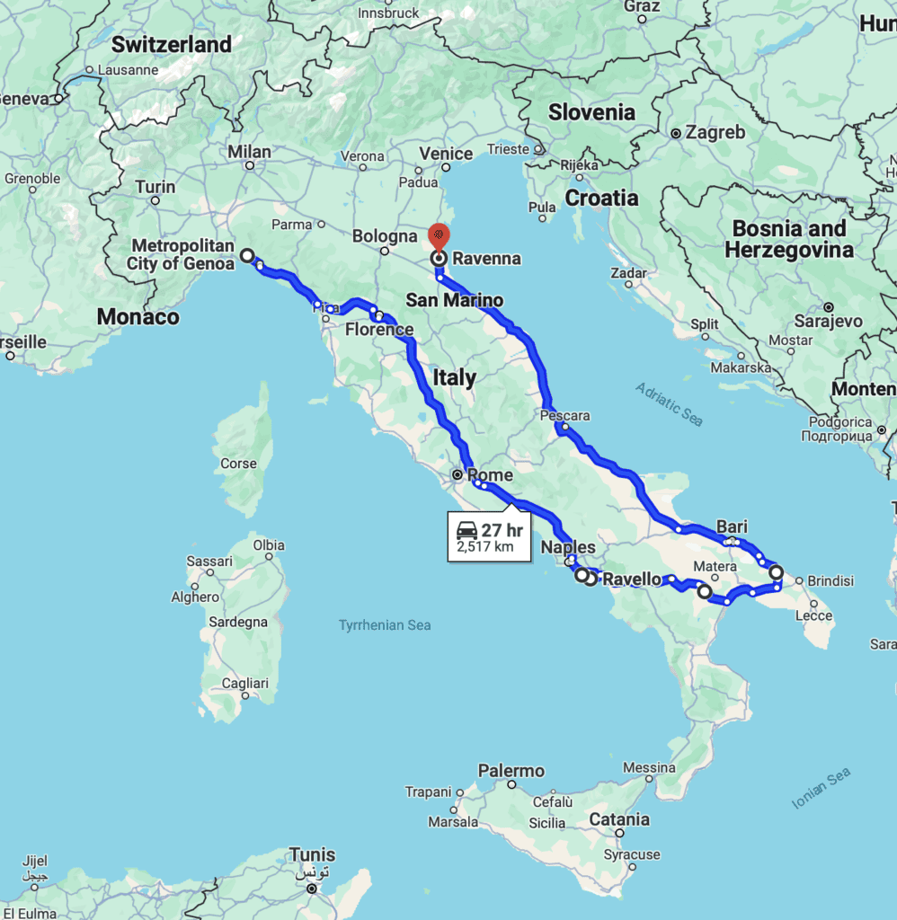 A Google map of Italy showing the route we took and an option for an Italy road trip with your dog. The route makes a large U shape starting in Genoa, and stopping in Pisa, Castellamare di Stabia, Ravello, Matera, Ostuni, and Ravenna.