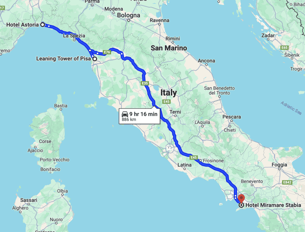 A map showing the route from Genoa, to Pisa, to Castellemare di Stabia