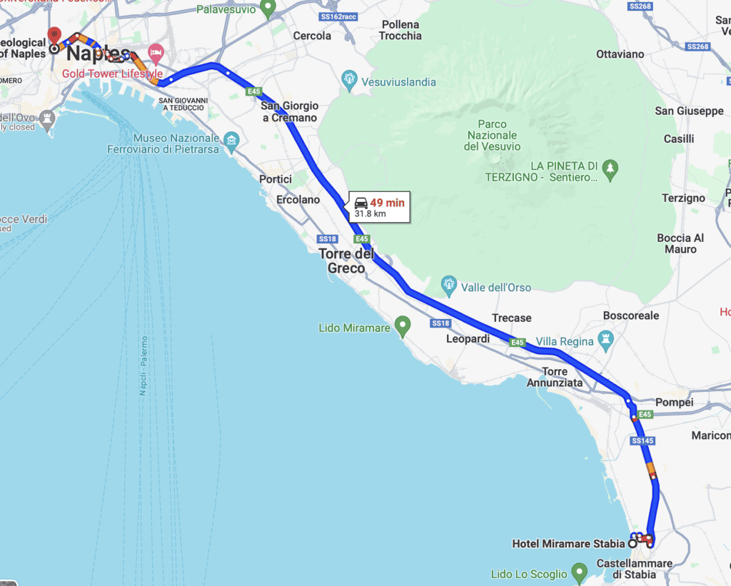 A map showing the route from Hotel Miramare Stabia to the National Archaeological Museum in Naples