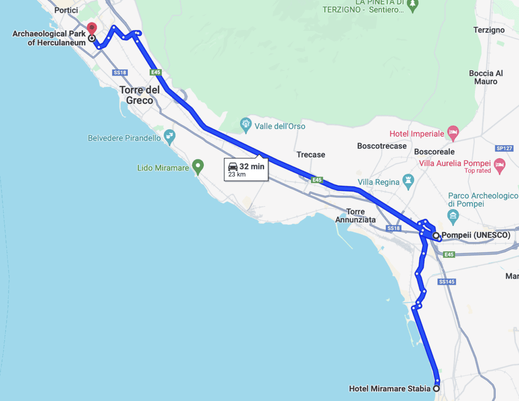 A map showing the route from Hotel Miramare Stabia to the archaeological sites of Pompeii and Herculaneum