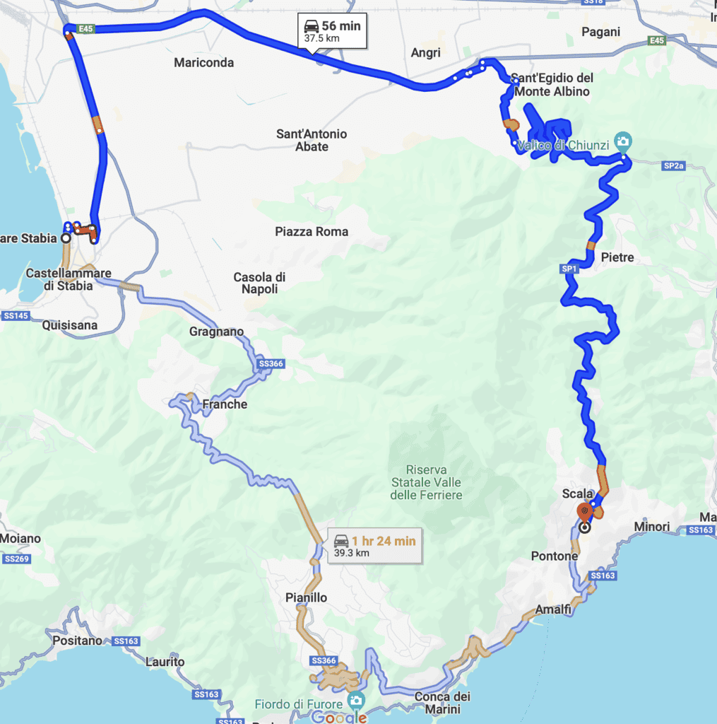 A map showing the route from Castellamare di Stabia to Ravello with a very wiggly line full of snake-like curves and hairpin turns