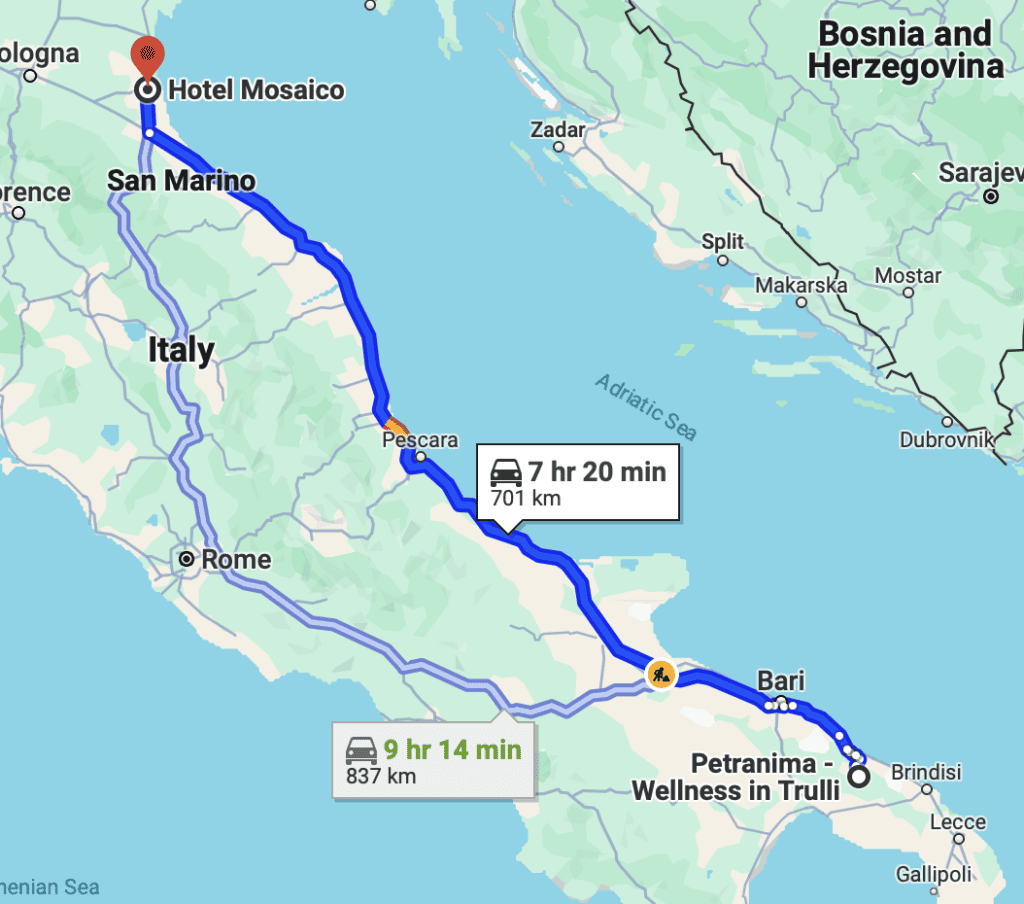 A map showing the route up the east coast of Italy from Ostuni to Ravenna