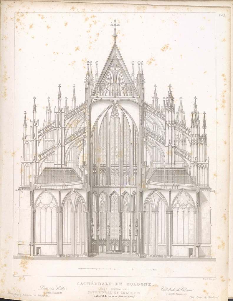 A drawing of the architectural plan of Cologne cathedral from the rear