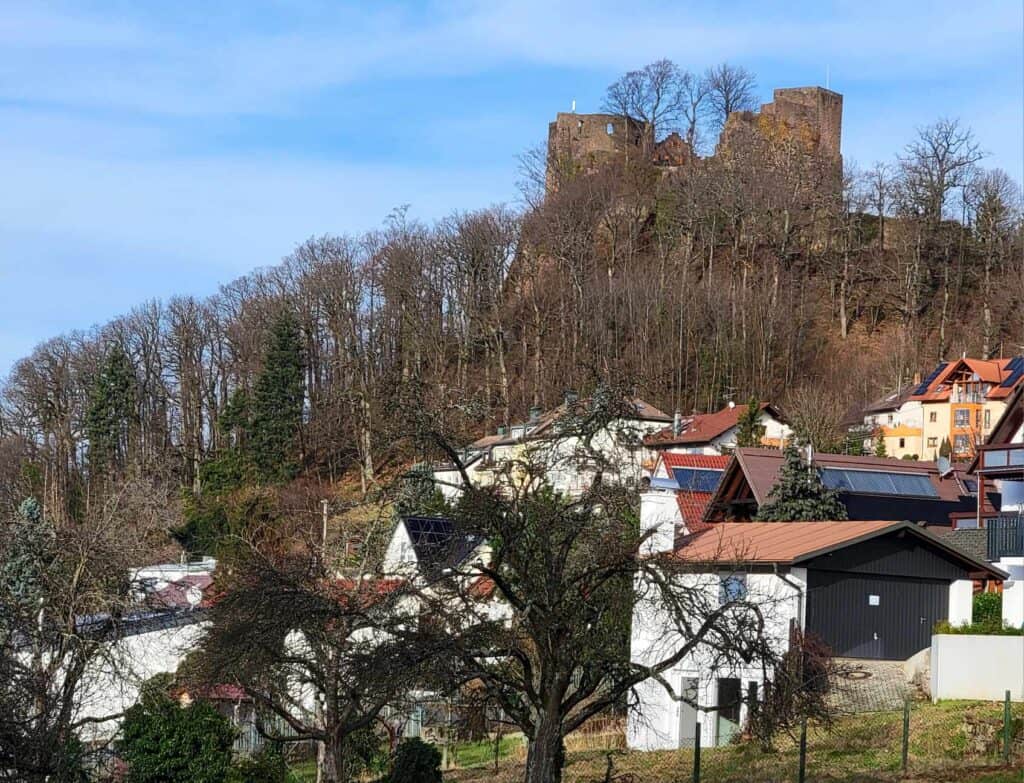 A cluster of small houses with red roofs under a forested hill. Atop the hill sits a brown stone castle ruin with several prominent towers