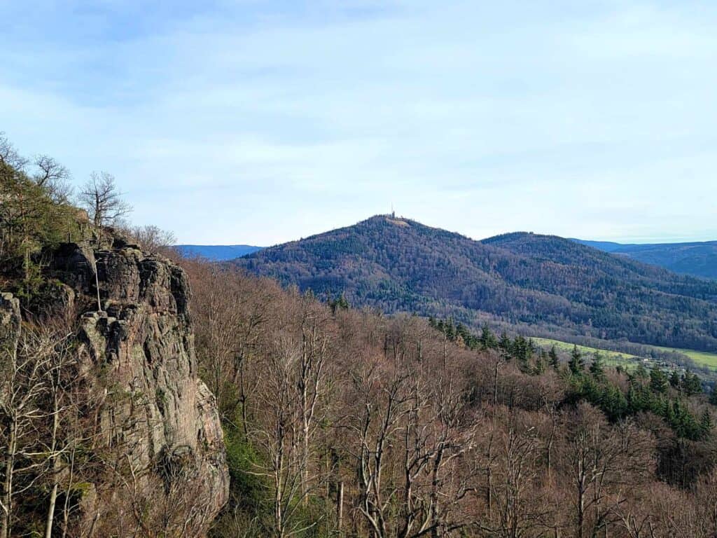 A landscape taken from high perspective. A cliff with vertical sandstone pillars on the left gives way to a large wooded area with forested mountains behind