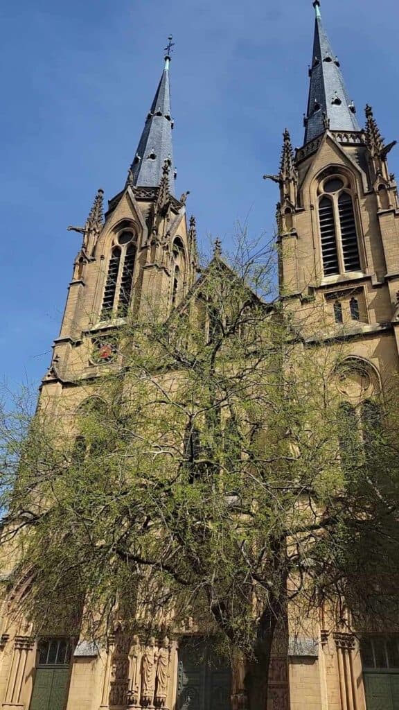 A stone church with two towers and gargoyles surrounding them. A tree in front.