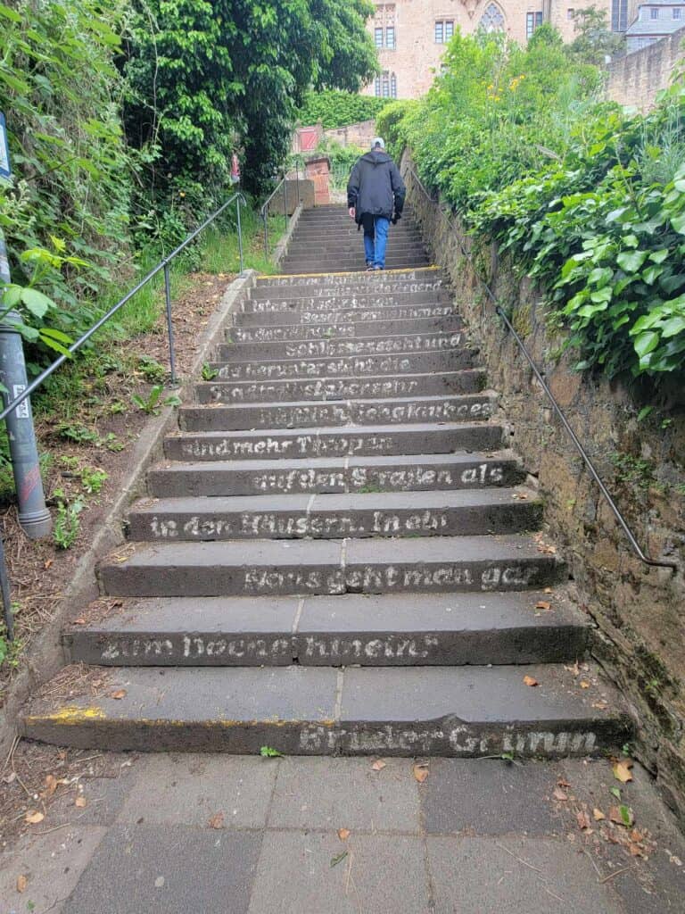 A man ascends a long staircase flanked by greenery, with German writing on the stair risers