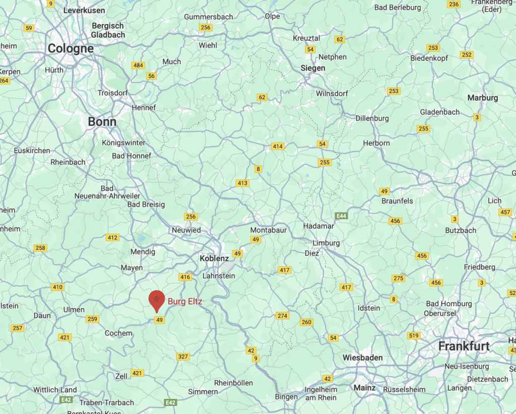 A map showing the location of Burg Eltz, a fairytale castle in Germany