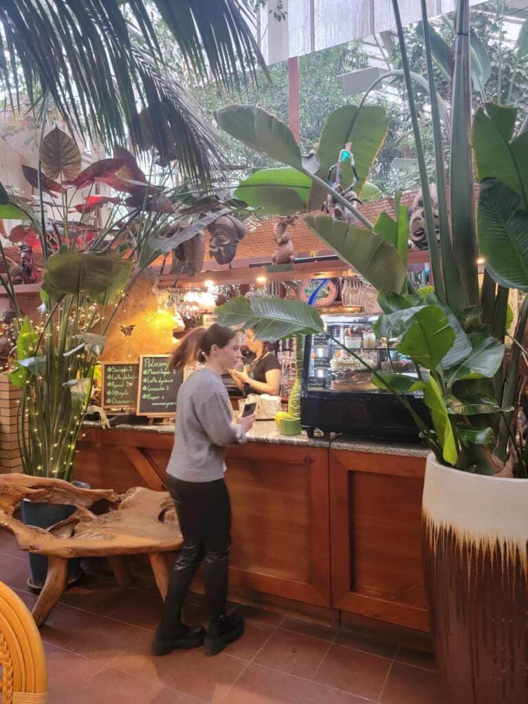 A woman standing in front of a cafe counter with a case filled with cakes and pastries with jungle foliage all around