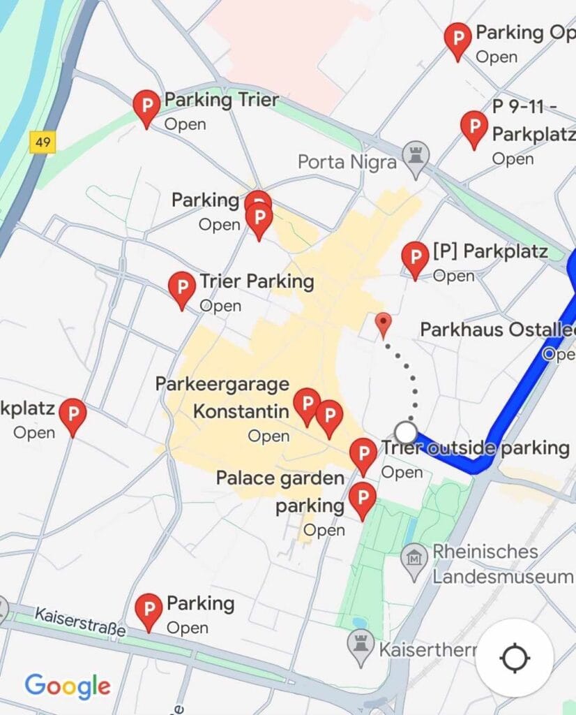 A map showing parking areas in Trier