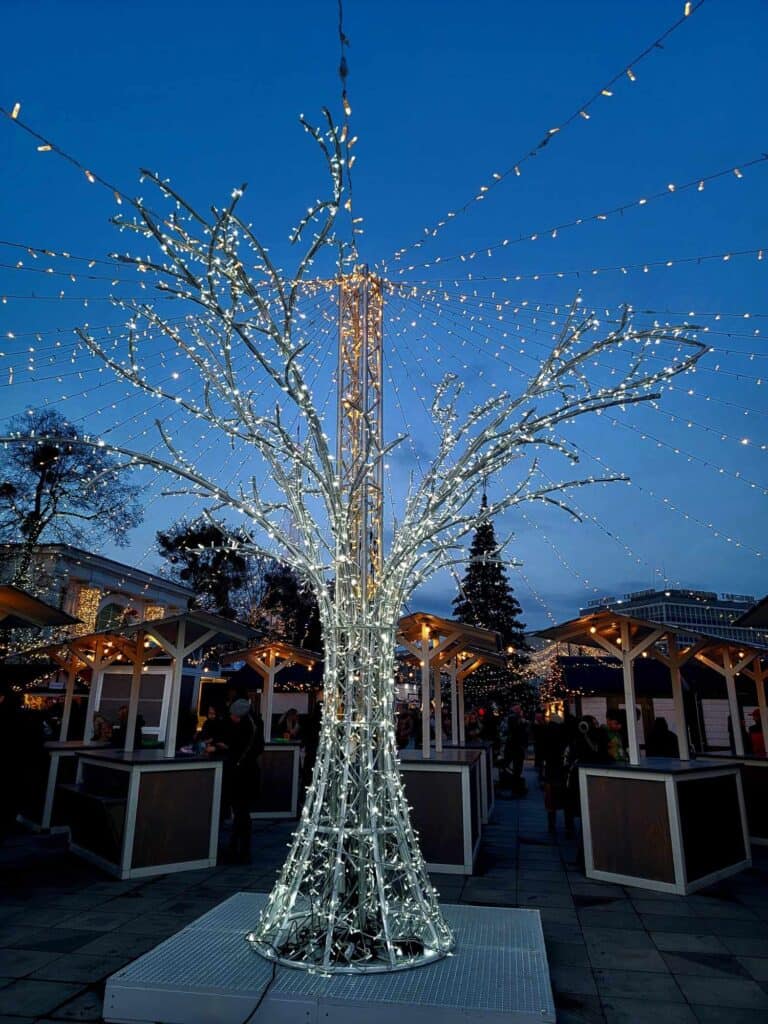 A leafless tree made out of tiny white lights