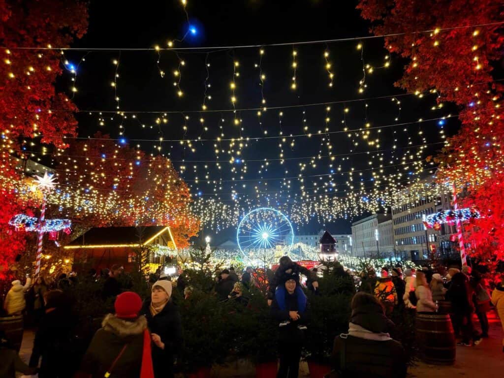 An illuminated Ferris wheel with crowds of people and rows of white icicle lights overhead