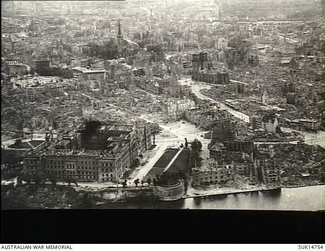 A black and white photo of the city of Kassel after massive bombing raids