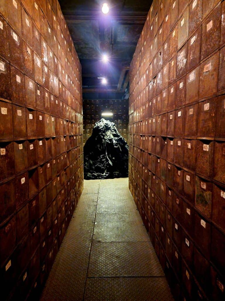 A narrow alleyway between walls of brown boxes with labels