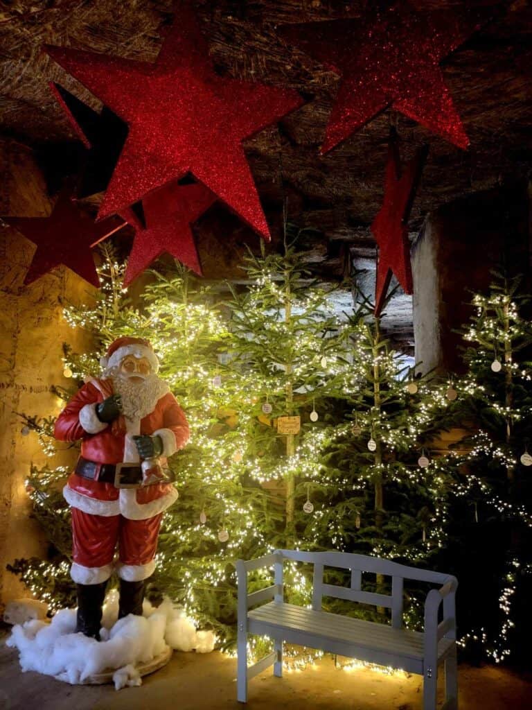 A life-sized Santa Claus in front of lighted trees and a large red star overhead