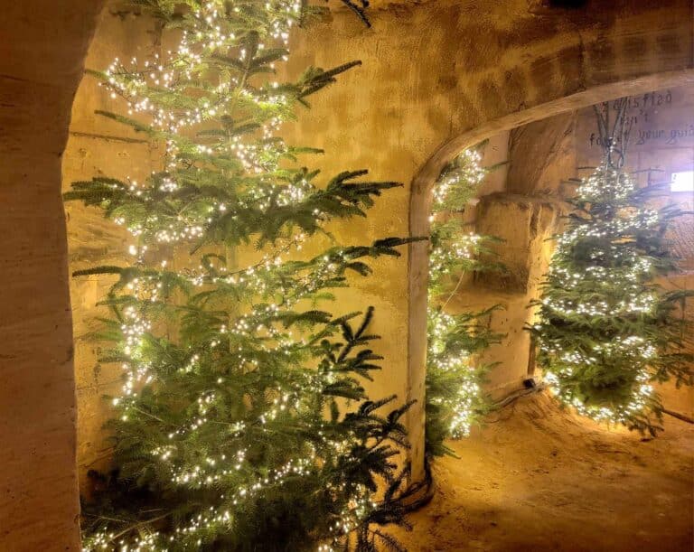 A limestone cave tunnel with archways filled with Christmas trees decorated with little white lights