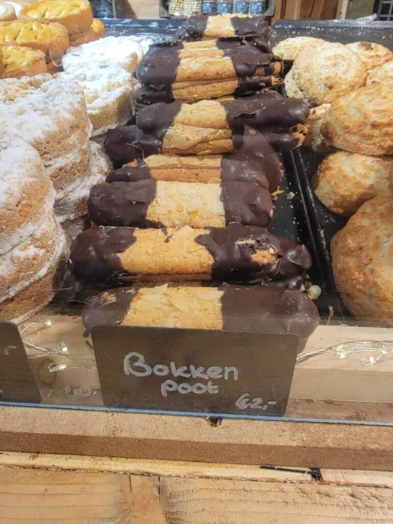 A row of chocolate-dipped pastry