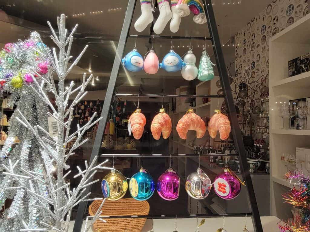 A tree-shaped display of hand-blown glass ornaments