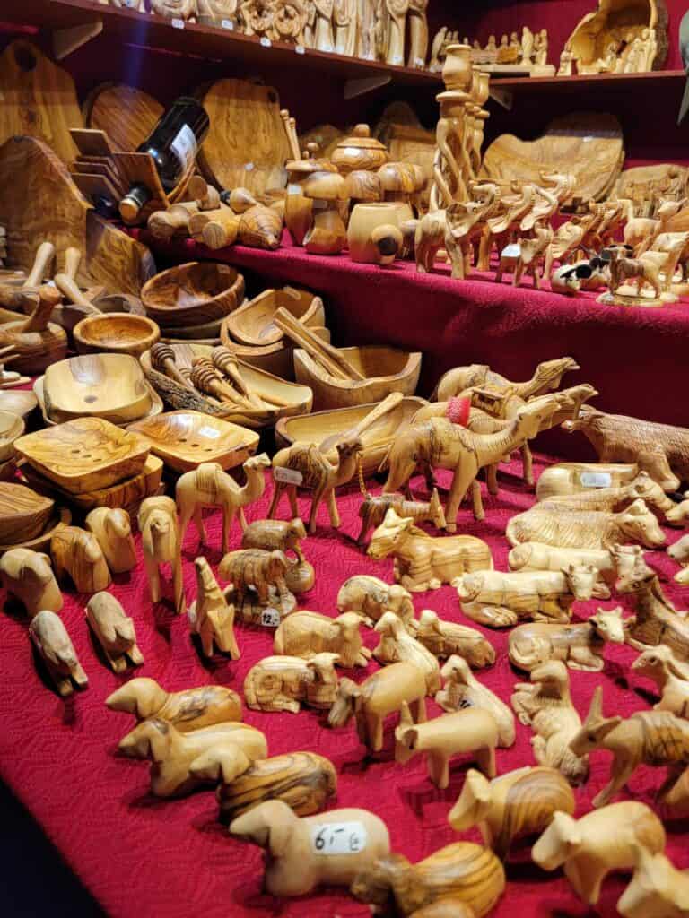 Nativity figures and other trinkets made of olive wood